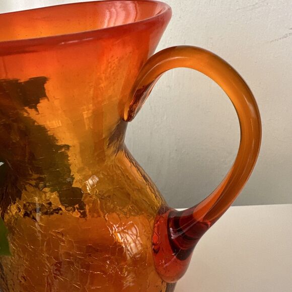 Vintage BLENKO Crackle Hand Blown Art Glass Tangerine/ Amberina Pitcher w Handle - Picture 4 of 9